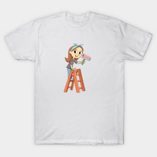 girl on a ladder with a pink paint roller T-Shirt